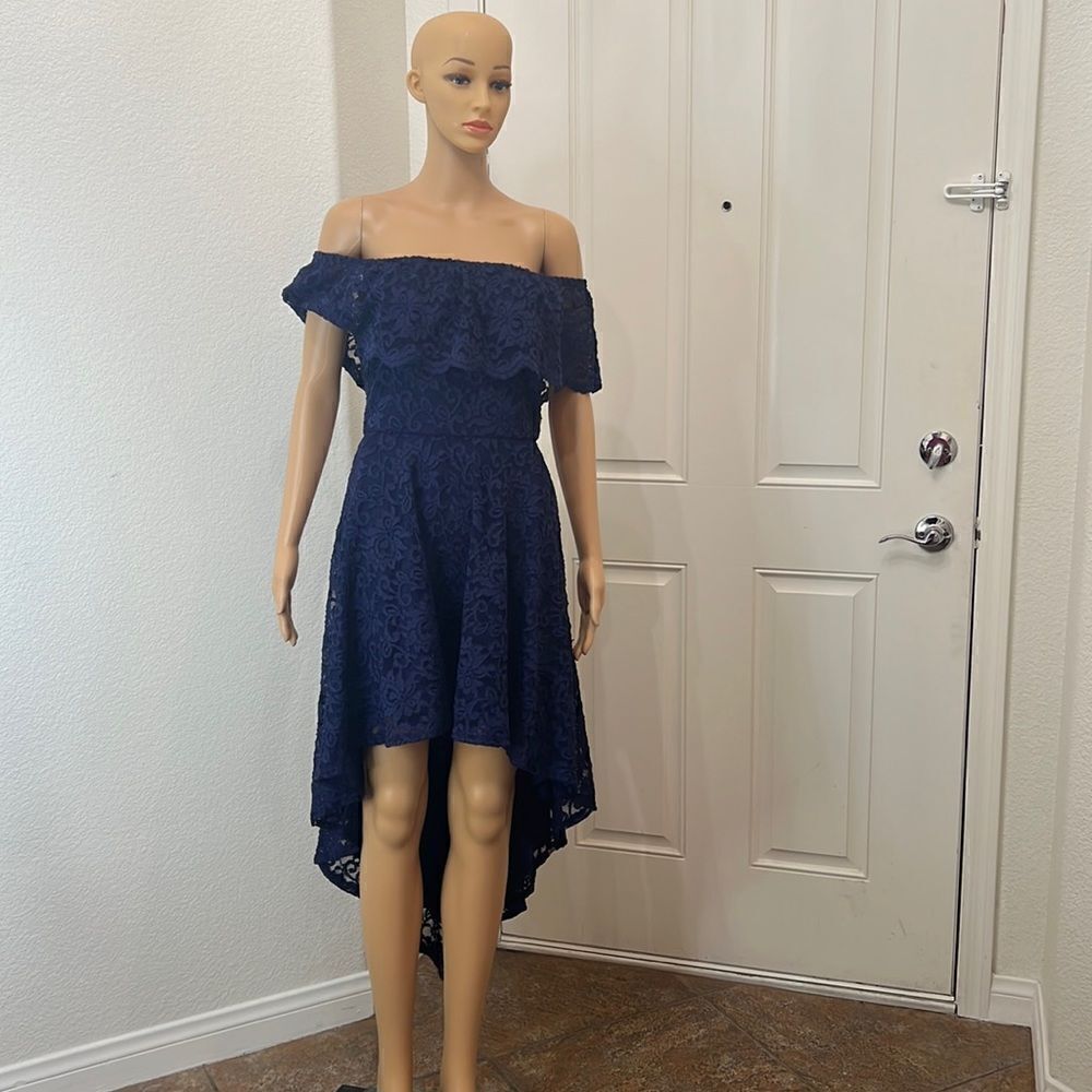 Windsor Dress Size Medium Off Shoulder Navy Blue Floral Lace High Low Fit Flare
